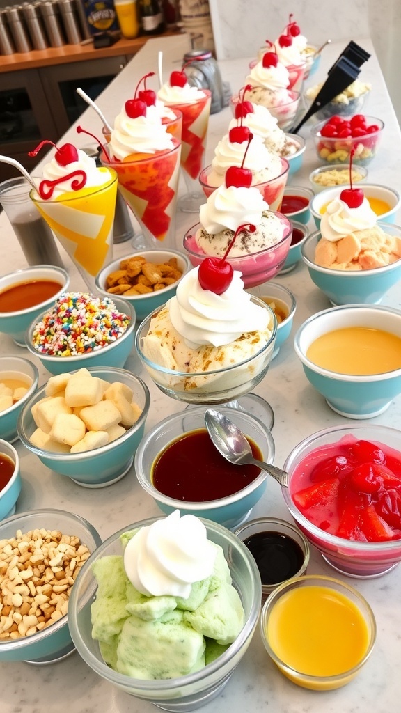 Ice Cream Sundae Bar Ideas An ice cream sundae bar with bowls of ice cream, toppings, and sauces ready for guests to create their own sundaes.